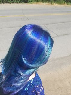 Cute Hair Ideas Color, All Over Blue Hair Color, Tri Color Hair Highlights Brunettes, Multi Blue Hair, Dark Blue Hair Light Blue Highlights, Dyed Hair On Curly Hair, Full Dyed Hair, Blue Hair With Blue Highlights, Purple Roots Blue Hair