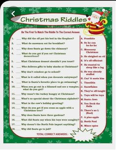 christmas riddles game with santa clause and snowflakes on the bottom, in green background