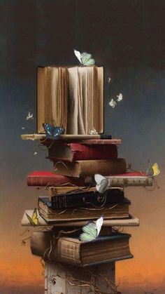 a stack of books sitting on top of each other with butterflies flying over them in the sky