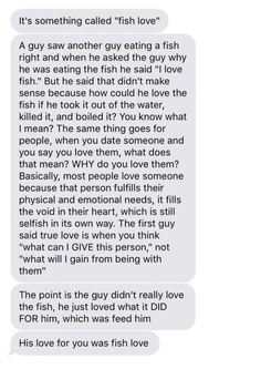 a text message that reads it's something called fish love, and the caption is