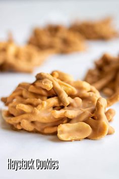 no bake haystack cookies with peanut butter on top and the words, no bake haystack cookies