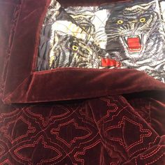 Burgundy, Creme And Multicolor Silk, Cotton And Polyester. Gucci Tiger Face Quilt With Tiger And Ornate Motif Throughout, Tonal Stitching And Brand Label At Underside. A Used One Just Sold On A Site For $4400. Brand New Gucci Silk & Burgundy Velvet Feline Collection Comforter. 92" X 92". King Size.. Comes In A White Satin Dust Bag. Msrp $4800. Reversible. Silk Cats On The Top Or Embroidered Velvet. Looks Great Folded Over. Very Heavy. Insurance Optional. We Will Not Be Held Responsible. Gucci Bedding, Gucci Tiger, Gucci Store, Embroidered Velvet, Quilt Comforter, Velvet Quilt, Just Sold, Tiger Face, Burgundy Velvet