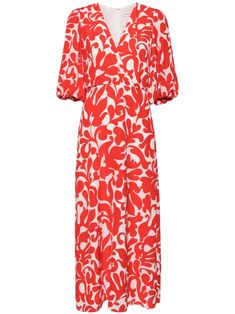 bright red/white all-over graphic print V-neck short puff sleeves concealed rear zip fastening straight hem mid-length Spring Red Maxi Dress With Abstract Print, Red Maxi Length Dress With Abstract Print, Red Maxi Dress With Abstract Print For Spring, Red Maxi Dress With Abstract Print, White Dress With All Over Print, Chic Red Printed Midi Dress, Red Dresses With Bold Print, Spring Midi Dress With Bold Print, White Midi Dress With Abstract Print