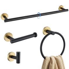 two towel racks, one with black handles and the other has gold hardware on it