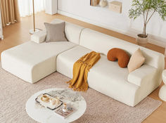 a living room with a white couch, coffee table and potted plant on the floor