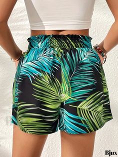 Bjux - Chic Tropical Print Shorts with Slant Pockets and Boho Paper Bag Waist, Ideal for Summer - Womens Fashion Trendy Green Shorts For Vacation, Trendy Green Vacation Shorts, Printed Green Bottoms For Vacation, Green Printed Bottoms For Vacation, Green Tropical Printed Bottoms, Green Printed Bottoms For Day Out, Casual Green Printed Bottoms, Green Printed Vacation Shorts, Casual Green Printed Shorts