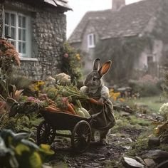 a rabbit sitting on top of a wheelbarrow filled with vegetables in front of a house