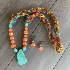 Never Worn And Purchased In Museum In Puerto Rico. A Beautiful Matching Set Of Earrings With Colorful Necklace Made Of Cloth, Copper Wire, Turquoise And Coral Colored Beading. Earrings Are A Little Shy Of 2” Long. Necklace Is 18” In Length End To End. The Amulet Is 2” In Length. #Hispanicheritage. Coral And Turquoise Necklace, Beading Earrings, Colorful Necklace, Turquoise And Coral, Amulet Necklace, Hispanic Heritage, Colourful Necklace, Coral Color, Necklace Earrings