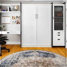 a room with a rug, cabinet and desk in it's centerpieces