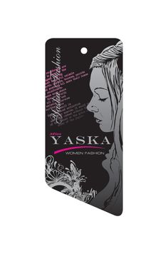 a black and white tag with a woman's face on it, that says yaska