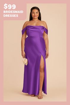 a woman in a purple dress with the words $ 99 bridesmaid dresses on it