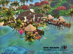 an artist's rendering of a resort on the water with palm trees and thatched roofs