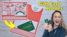 a woman is holding up some cards with the words, gift card holder and envelope