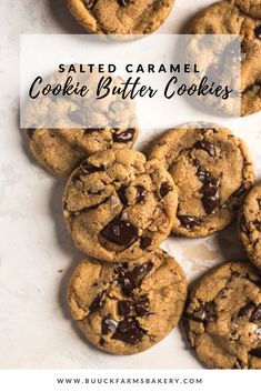 salted caramel cookie butter cookies on a white surface with text overlay that reads salted caramel cookie butter cookies