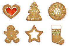 christmas cookies and other treats are arranged on a white background