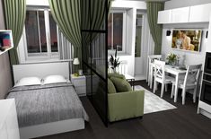 this is an image of a bedroom with green curtains and white furniture in the room