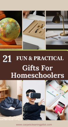 the words, 21 fun and practical gifts for homeschoolers are overlaided with images of various objects