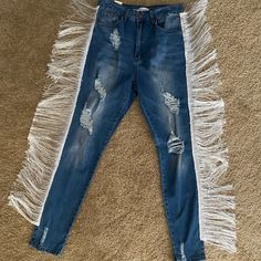 Ap Blue Jeans W/White Fringes On The Side Size 15 Never Worn Fitted Blue Bottoms With Fringe, Casual White Bottoms With Fringe, Aphrodite, On The Side, Blue Jeans, Jeans Size, Blue White, Color Blue, Women Jeans