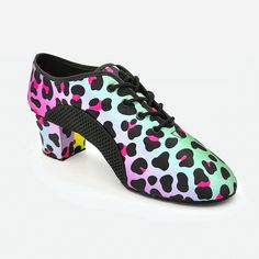 a women's shoe with colorful leopard print on the upper part and black outs