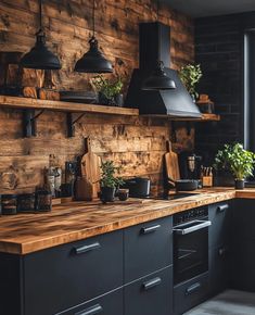 a kitchen with wooden walls and black cabinets, potted plants on the counter top