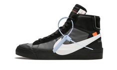 The Off-White x Nike Blazer “Grim Reaper” is one of two spooky editions of the Blazer that Virgil Abloh remodeled for Halloween 2018.  Inspired by the dark look of the infamous grim reaper, the silhouette features an all-black upper with an oversized white Swoosh.  Orange detailing completes the Halloween color palette.  The shoe is crafted with a semi-translucent synthetic material and incorporates leather and suede detailing.  Abloh’s signature zip-tie is done in light blue.  The Off-White x N Nike Blazer Black, Blazers Nike, Off White Blazer, Nike Off White, Nike Blazer Mid, Baskets Nike, Nike Blazers Mid, Nike Dunk High, Blazer Mid