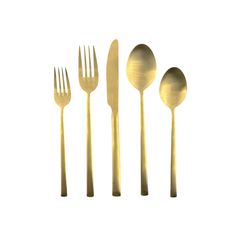 four forks, two spoons and one knife are shown in gold foil on a white background