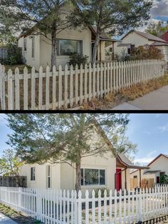 before and after photos of a white picket fence in front of a house with trees