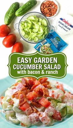 an easy garden cucumber salad with bacon and ranch dressing on a blue plate