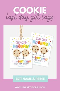 Make easy gifts for students or classmates with this printable Cookie Last Day of School Tag! Pair with chocolate chip cookies for a fun gift kids will love. Suitable for teacher, preschool or daycare educators gifts for students, PTA PTO volunteers, staff, family friends or neighbor gifts. With editable text, you can personalize it with a name or custom message. Instantly download the printable Cookie Last Day of School Tag after checkout and start making your end of school year favors today!