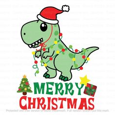 a christmas dinosaur with a santa hat on it's head and the words merry christmas