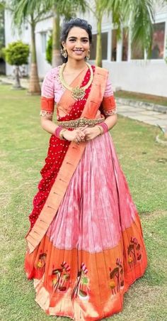 Pink Paithani Lehenga, Pattu Lehengas For Women, Pythani Pattu Half Sarees, Paithani Lehanga Designs, Blouse Designs For Pattu Half Saree, Pythani Pattu Lehanga, Bandhini Lehangas, How To Drape A Saree In Lehenga Style, Latest Pattu Lehenga Designs