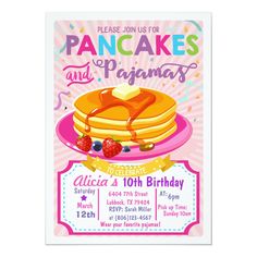 a pancake and pancakes birthday party card with the words, please join us for pancakes and pajamats