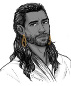 a drawing of jesus with long hair and gold earrings