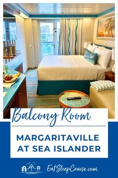 a bedroom with a bed, couch and table in it that has the words balcony room margaritaville at sea islander