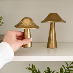 a hand is holding the top of two brass mushroom shaped candlesticks on a shelf