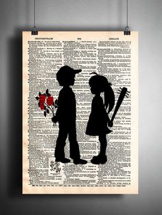 the silhouettes of two children, one holding a baseball bat and the other holding a rose