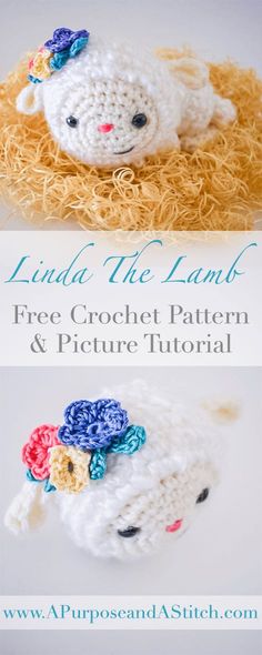 a crocheted sheep laying on top of hay with the text, luna the lamb free crochet pattern and picture tutor