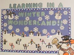 a bulletin board with snowmen and people in the background that says learning in a winter wonderland