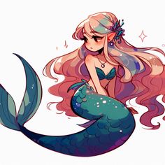 a mermaid with pink hair sitting on top of a blue tail