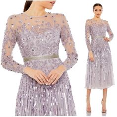 Mac Duggal Hand Embellished Mesh Overlay; 100% Polyester Lining Partially Lined Bodice; Fully Lined Skirt; Semi-Sheer Unlined Sleeves Illusion High Neckline Long Sleeves Rhinestone Encrusted Waist Detail Concealed Back Zipper Approx. 48" From Top Of Shoulder To Bottom Hem New With Tags Please Note Size 10 Is New Without Tags All Sales Final On Special Occasion Dresses Embellished Long Sleeve Mother Of The Bride Evening Dress, Embellished Cocktail Evening Dress For Spring, Spring Embellished Cocktail Evening Dress, Spring Embellished Cocktail Dress, Spring Cocktail Evening Dress Embellished, Embellished Midi Length Dresses For Wedding Guests, Embellished Evening Dress For Wedding Guest, Spring Embellished Midi-length Evening Dress, Festive Embellished Midi Evening Dress