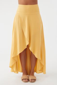 This breezy, high waisted skirt can be styled both casually and formally. The high low bottom hemline adds for a fun, effortless look. O'Neill Women's woven skirt 40" in length Wrap front skirt, high to low hem Wide waistband Zipper closure 100% Viscose | O'Neill Women's Ambrosio High-Low Maxi Skirt in Mimosa, Size XS, Viscose High Low Maxi Skirt, Loungewear Outfits, Spring Suit, Loungewear Dresses, Girl Beanie, Womens Wetsuit, Denim Sweater, Woman Weaving, Festival Dress