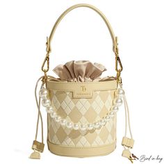 Bird in Bag - Popular rhombus spell color women's bag drawstring bucket bag new single shoulder crossbody bag pearl chain handbag Chain Handbag, Drawstring Bucket Bag, Details Pictures, Street Trends, Word Wrap, Bag Design, White Space, Pearl Chain, Bird In Bag