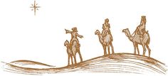 three wise men riding on camels in the desert under a star, hand drawn illustration