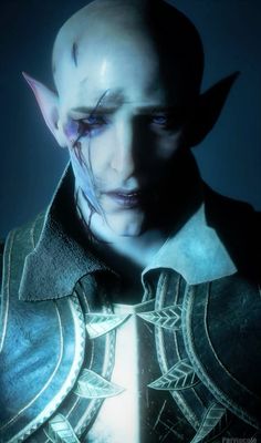 a male elf with white hair and blue eyes is looking at the camera while standing in front of a dark background