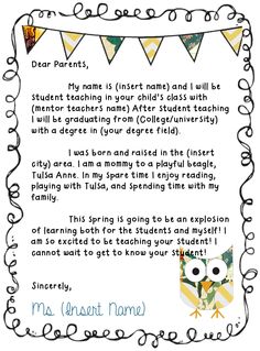 an owl themed teacher's letter to her students from their parents on the first day of school