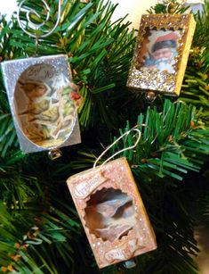 three ornaments hanging from a christmas tree