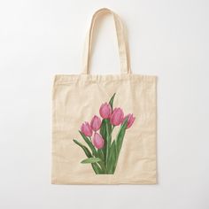 a tote bag with pink tulips painted on it