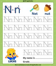 the letter n is for nut worksheet with an image of a cartoon character