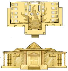 an architectural drawing of the front and side of a building