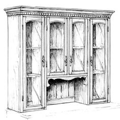 an old fashioned china cabinet with glass doors and shelves on the front, vintage line drawing or engraving illustration